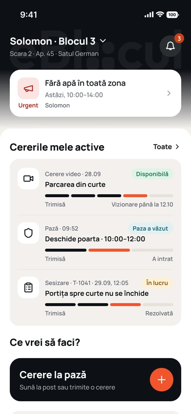 Aplicația eBlocul, ecranul principal al locatarului: anunțul urgent „Fără apă în toată zona” și cererile active cu status
