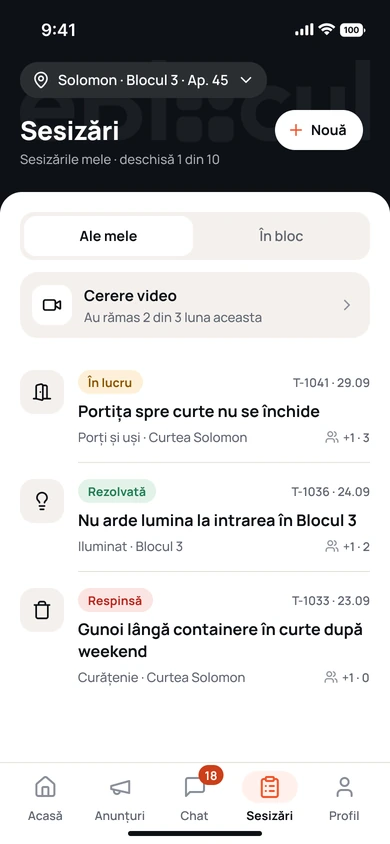 Aplicația eBlocul, ecranul „Sesizări”: sesizările locatarului cu statusurile „În lucru”, „Rezolvată” și „Respinsă”