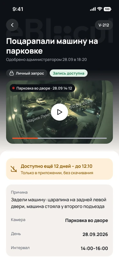 Экран запроса видео: запись с камеры парковки доступна в приложении, без скачивания